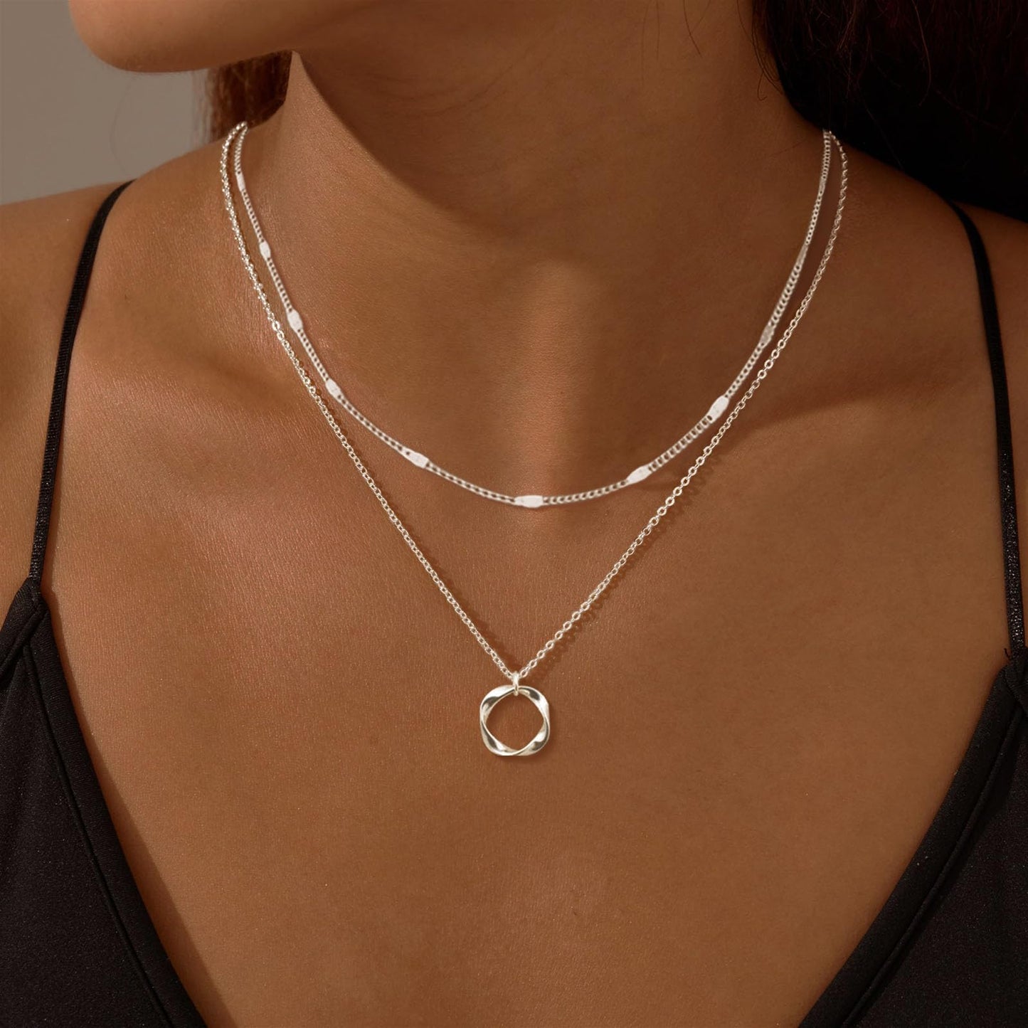 OGD Silver Layered Necklaces for Women 925 Silver Plated Dainty Stackable Choker Necklaces Trendy Layering Circle Paperclip Chain Cute Pendant Collars Necklace Set Gold Jewelry for Women