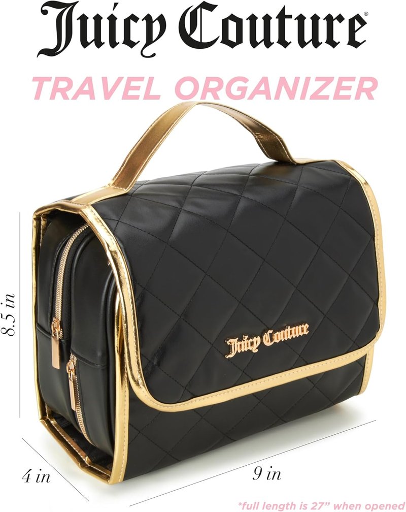 Juicy Couture Black Makeup Bag - Faux Quilted Leather Cosmetics Organizer with Hanging Hook | Travel Essential