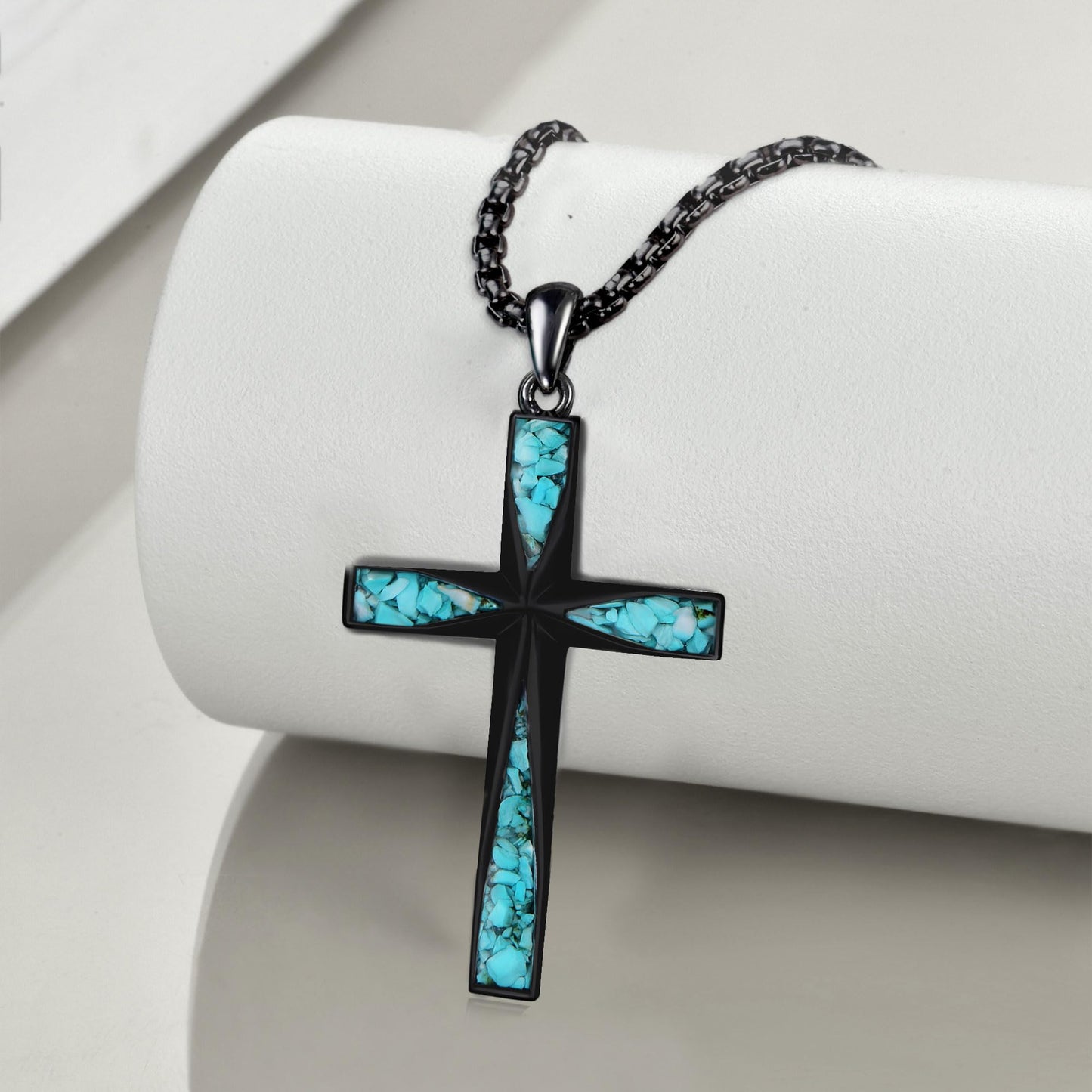 ONEFINITY Religious Cross Pendant Necklace Sterling Silver Origami Cross Pendant Gifts for Women Men Jewelry (A-Black Cross with Turquoise Gravel)