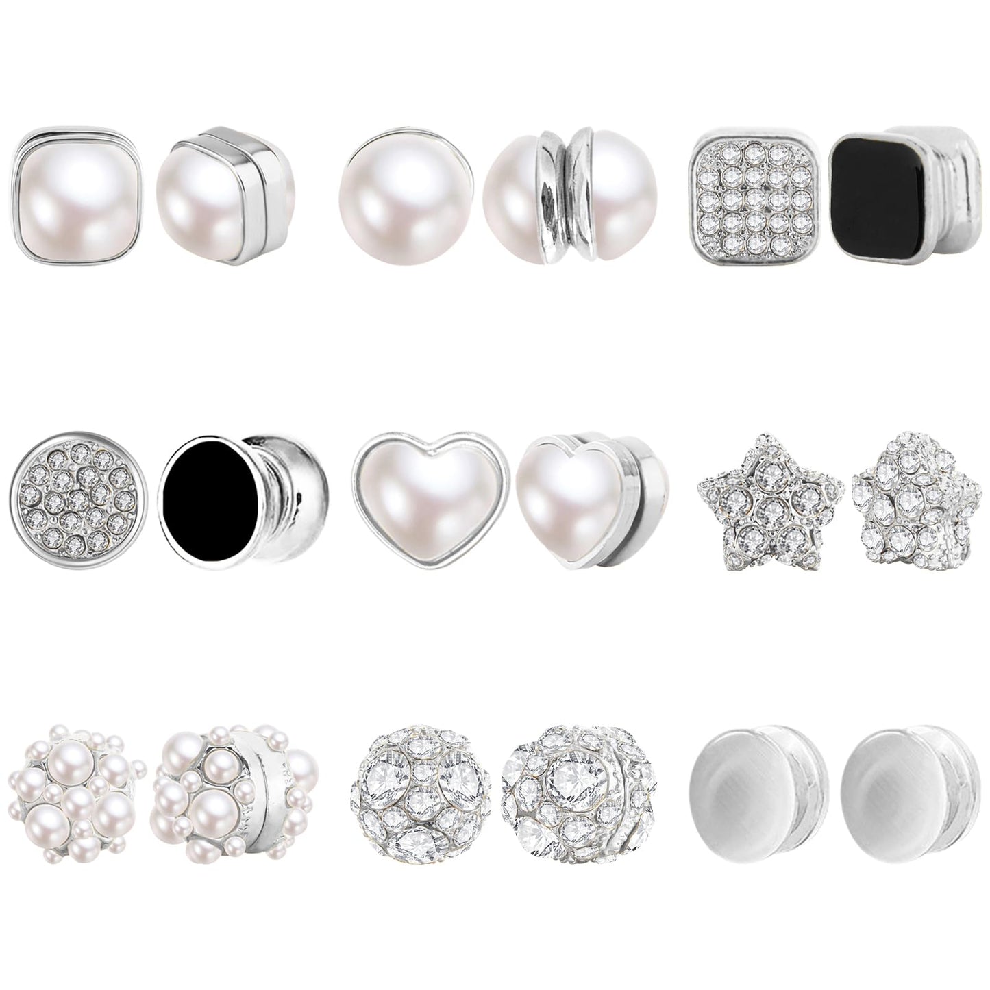 NEWITIN 9 Pairs Magnetic Stud Earrings for Women Clip on Earring Magnet Studs Inlaid Cubic Zirconia Pearl Stud Earring Fashion Non Piercing Magnetic Earrings for Women Men