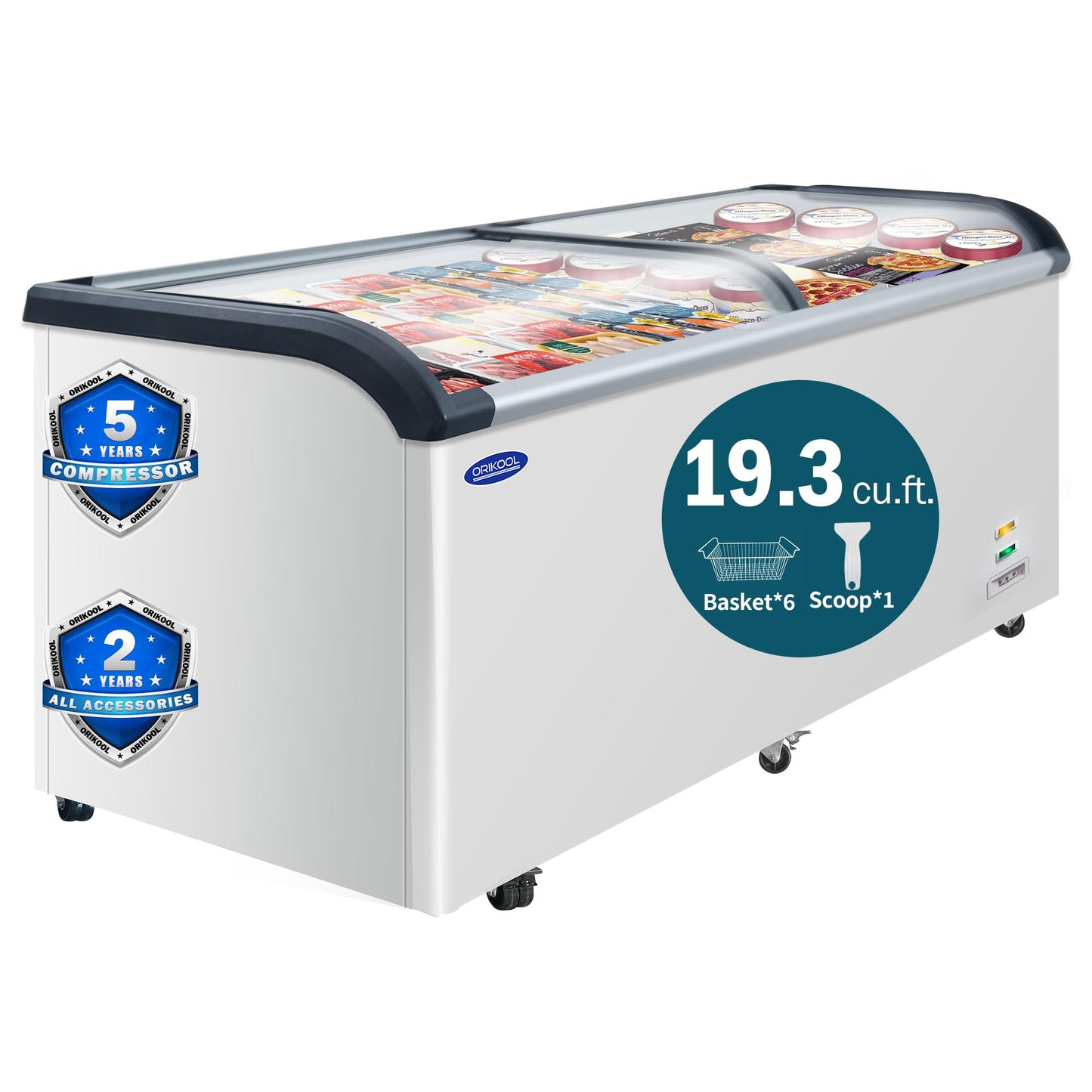 ORIKOOL Commercial Ice cream Display Freezer: 19.3 Cu.FT Chest Freezer with Curved Glass Top, -9.4℉ to 5℉, LED Light, Large Capacity for Convenience Store, Supermarket, Restaurant