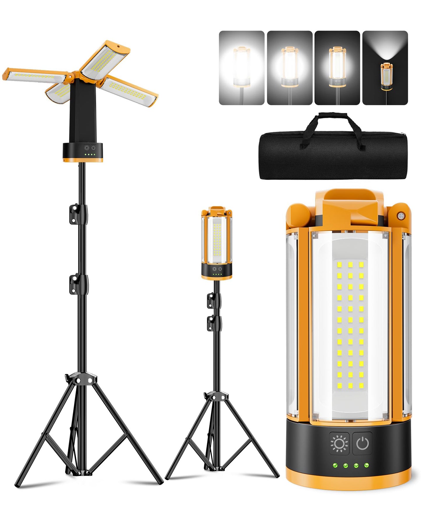 T-SUN Rechargeable Camping Light with Stand, 4 LED Lamp Heads for Wider, Fuller Coverage, 4100LM Tripod Work Light with Magnetic Base, Hook & USB-C, for Jobsite, Emergency, Camping (Orange)
