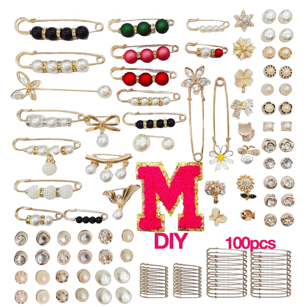SAPPHIYOO Safety Pins 100Pcs DIY Brooches and Pins Junk Socks Kit Hat Pins for Women Accessories Clothes Shoe Charms for Sneakers Charms Bulk with Letters M