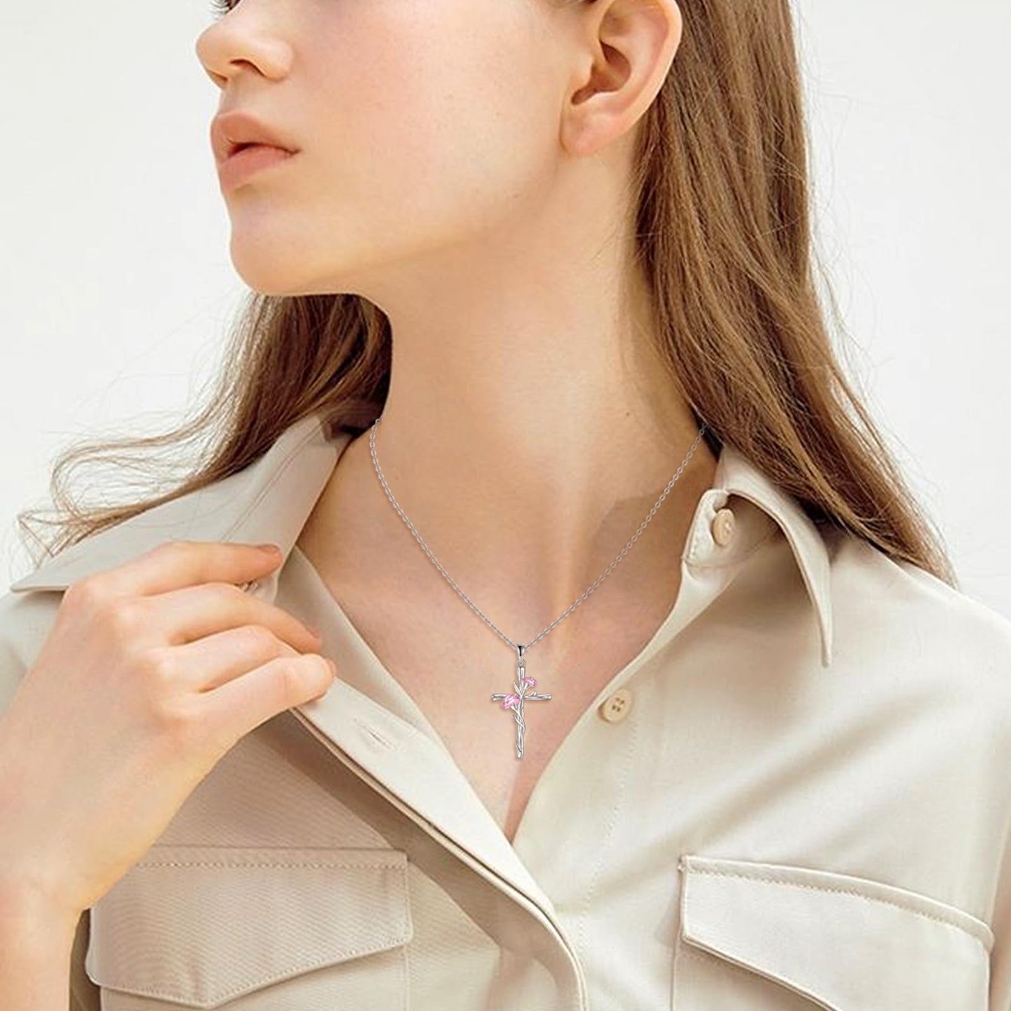 LUHE Women Cross Necklace Sterling Silver Birth Flower Pendant Necklace Religious Cross Jewelry Gifts for Women