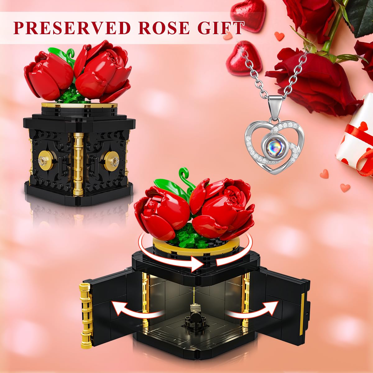 HOGOKIDS Flowers Box Building Set with LED & Necklace, for Mom/Wife, 312PCS Preserved Rose with Heart Necklace for Adults Women on Birthday Anniversary, I Love You in 100 Languages