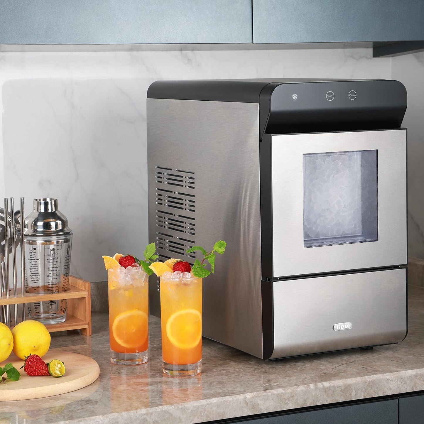 Gevi V2.0 Countertop Gemi Nugget Ice Maker with Viewing Window | Self-Cleaning Pebble Ice Machine | Open and Pour Water Refill | Stainless Steel Housing | 16.7''H Fits Under Wall
