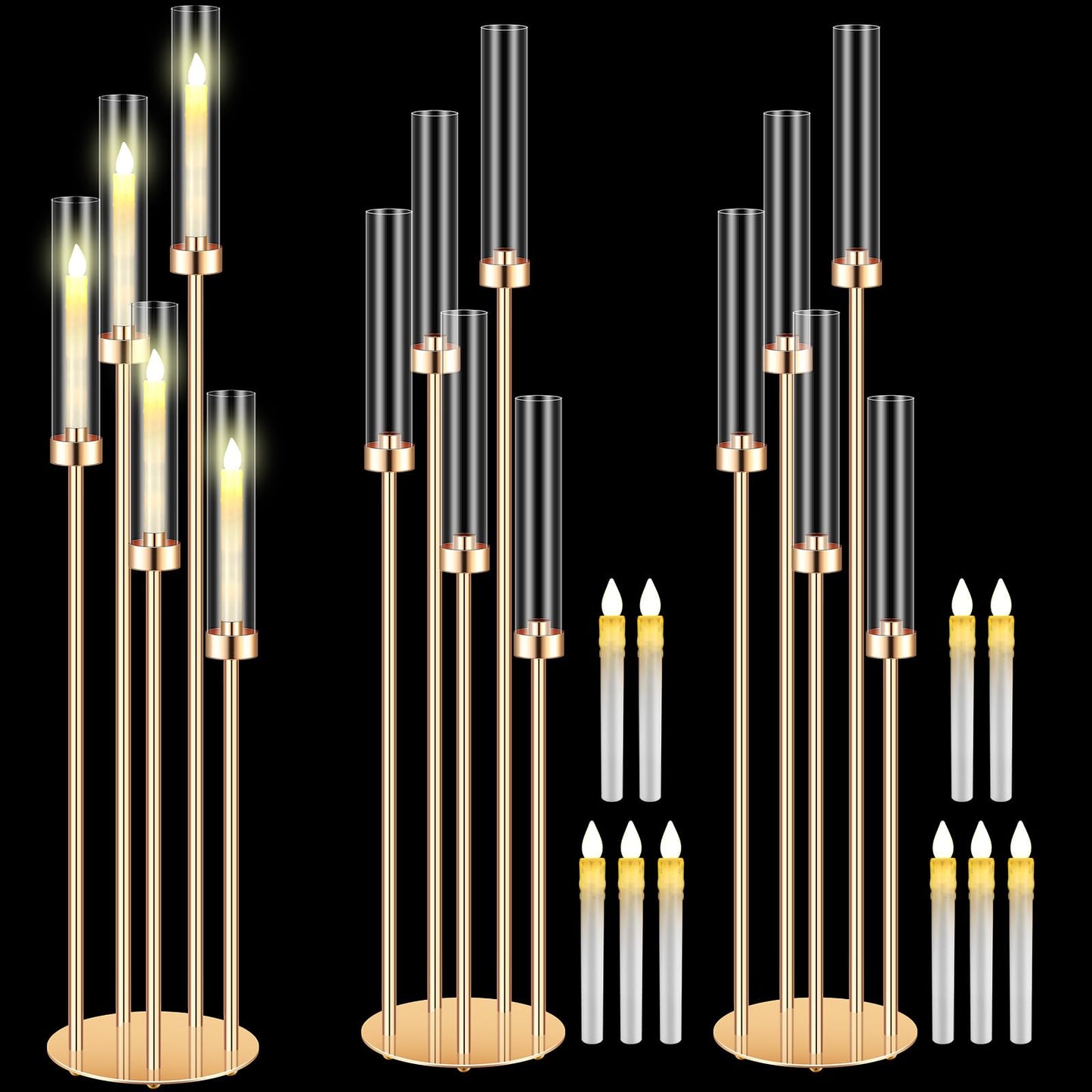 Tandefio 2 Sets Acrylic Candelabra Centerpieces 42.5" Tall Clear Candle Holders Pillar Taper Candlestick with Lampshades 5 Arm Floor Candelabra Stand for Wedding Christmas Ceremony Dinner Party"