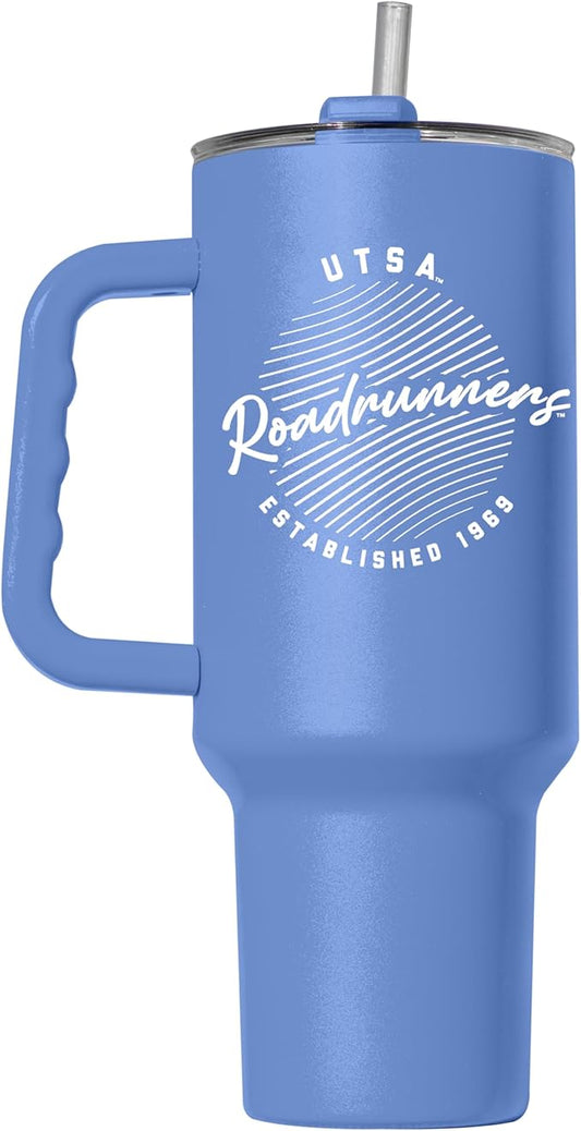 Logo Brands NCAA UTSA Roadrunners Retro Script Arctic 40 oz Tumbler with Handle - Stylish Everyday Use Powder Coated-Stainless Steel with Straw- Keeps Cold For Hours