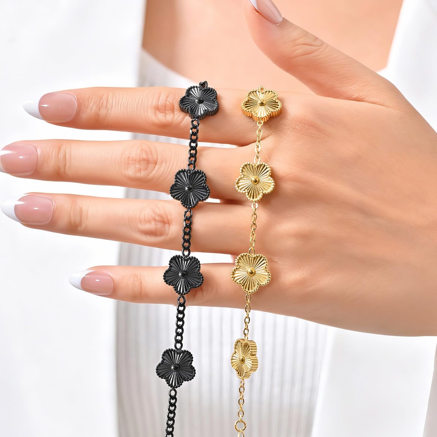 VNOX 2 PCS Floral Bracelets for Men Women -Womens Mens Stainless Steel Gold Cuban Chain Link Bracelet Lucky Charm Four Clover Flower Bracelets Trendy Jewelry Gifts，9