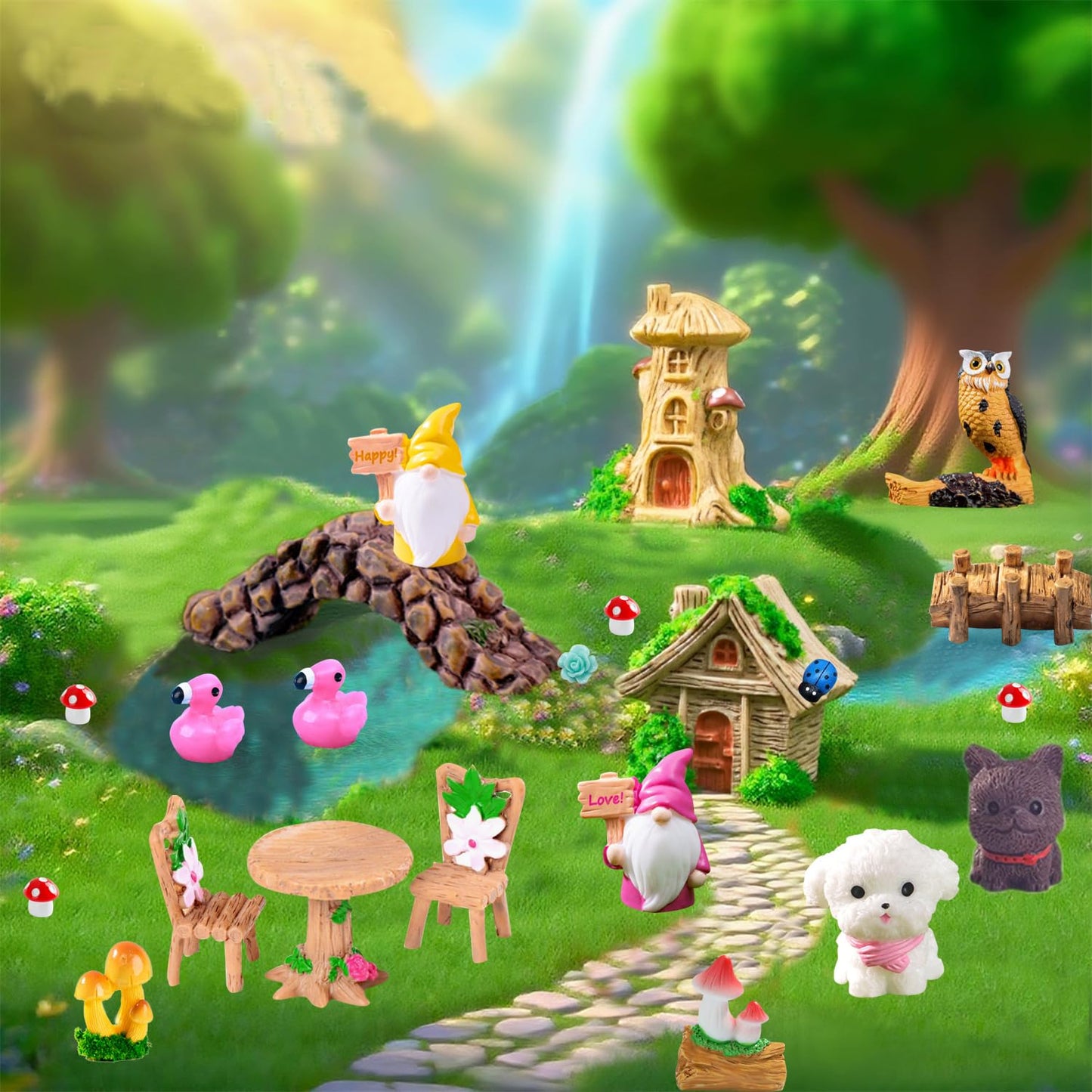 U-Zimikee 100 Pcs Mini Fairy Garden Accessories - Miniature Landscape Decorations with Bridge Pond House Gnome Figurines Mini Resin Animals Miniature Garden Figures Bulk for Dollhouse Garden Craft
