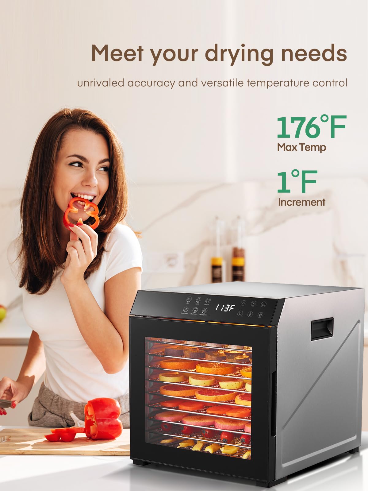 FOHERE Food Dehydrator for Jerky 1000W, 10 Trays With Large 9.04ft² Drying Space,176°F Temperature Control, Digital Adjustable Timer, Light, Dryer Machine for Dog Treats,Herbs, Meat, Fruit, and Yogurt