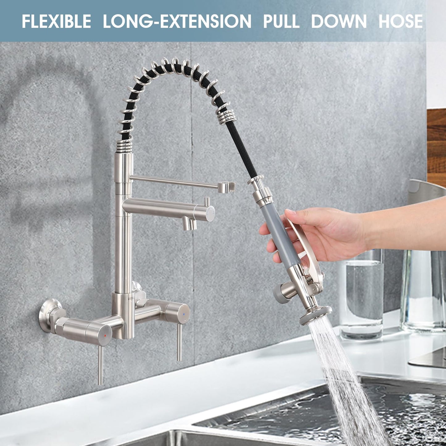 DEMIINUS Wall Mount Kitchen Faucet with Pull Down Sprayer, 8 Inch Center Kitchen Sink Faucet, Heavy-Duty Commercial Wall Mount Faucets, 2 Handle Faucet for Kitchen Sink, Brushed Nickel