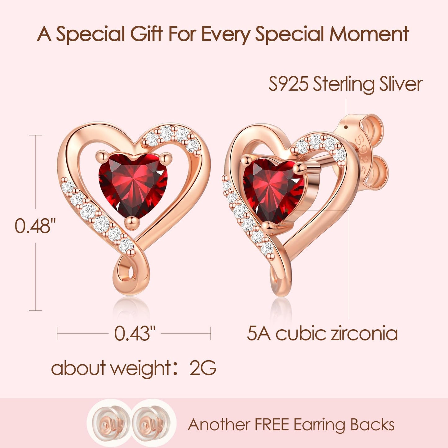 Zifeel Earrings for Women, Rose Gold Birthstone Heart Studs Earring for Girlfriend Wife, Anniversary Birthday Christmas Valentines Mothers Day Gifts Jewelry for Women Wife Her Mom