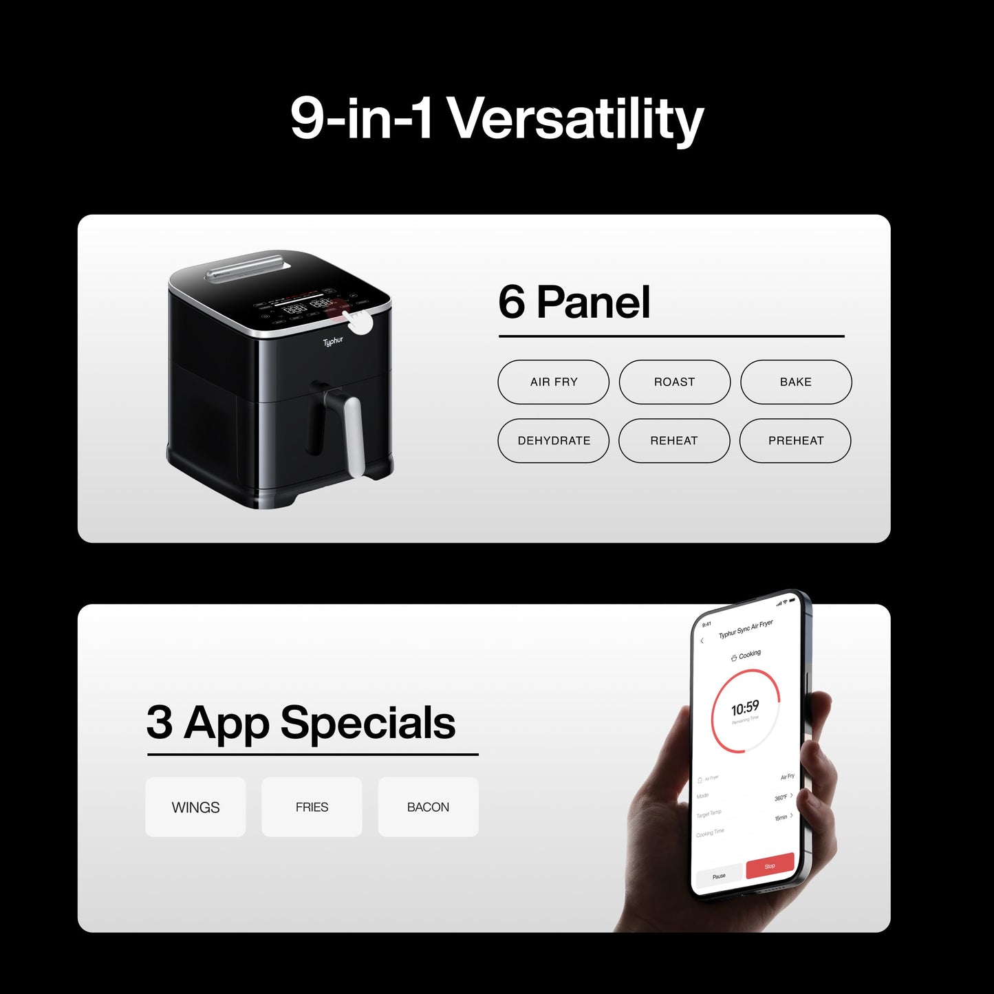 Typhur Sync 8QT AI Smart Air Fryer with Built-in Wireless Meat Thermometer, 9-in-1 XL Non Toxic Ceramic Airfryer, 450°F Max, Cooks 6lb Whole Chicken, Quiet & Dishwasher Safe, 120V