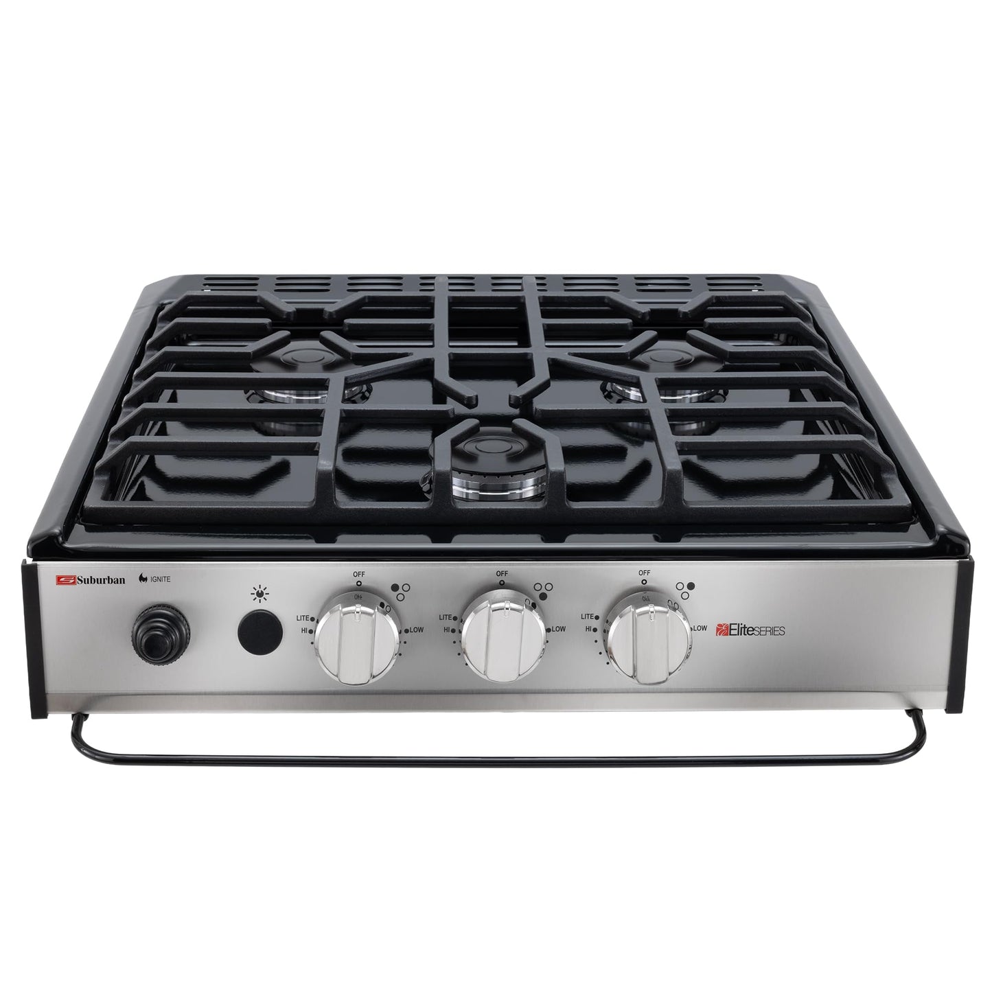 RecPro Suburban RV 3 Burner Propane Gas Cooktop | Slide-In Black Triple Burner Stove | 9000 BTU Front Burner, Dual 6500 BTU Rear Burners | Piezo Ignition | 12V DC
