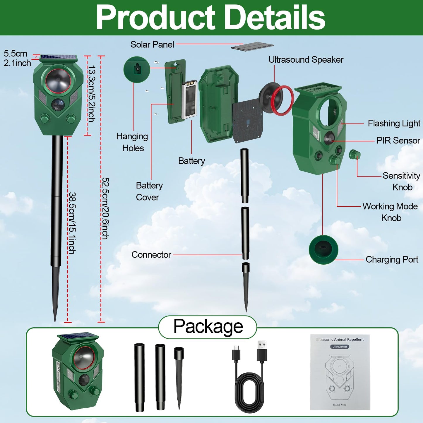 Ultrasonic Animal Repeller Outdoor - Cat Repellent & Deterrent with PIR Sensor & Flashing Light,Solar Powered Deer Repellent for Squirrels, Raccoons, Skunks,Rabbits,and Dogs, IP65 Waterproof （2 Pack）