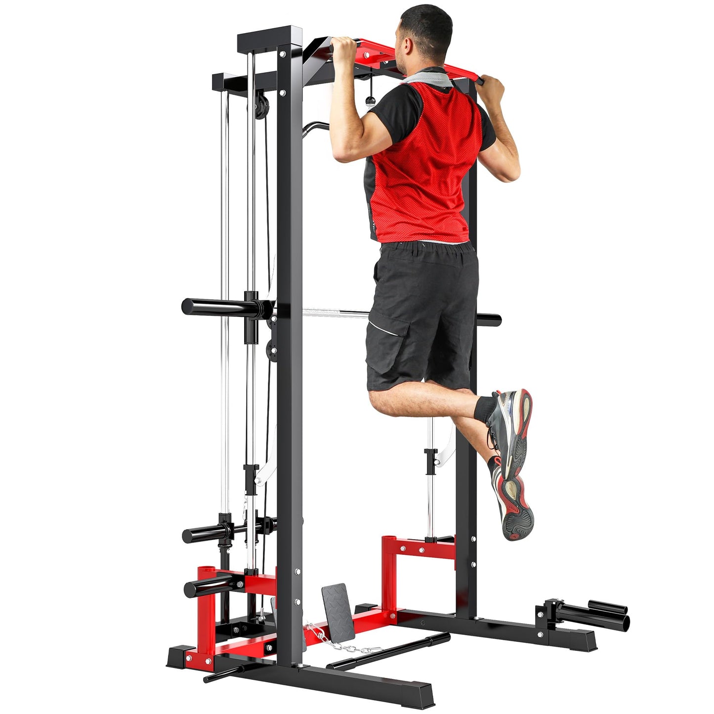 Soozier Power Cage Smith Machine, Multi-Function Power Rack with Pull Up Bar, LAT Pull Down System and Squat Rack, Barbell Bar, Plate Storage Posts, Landmine, for Home Gym