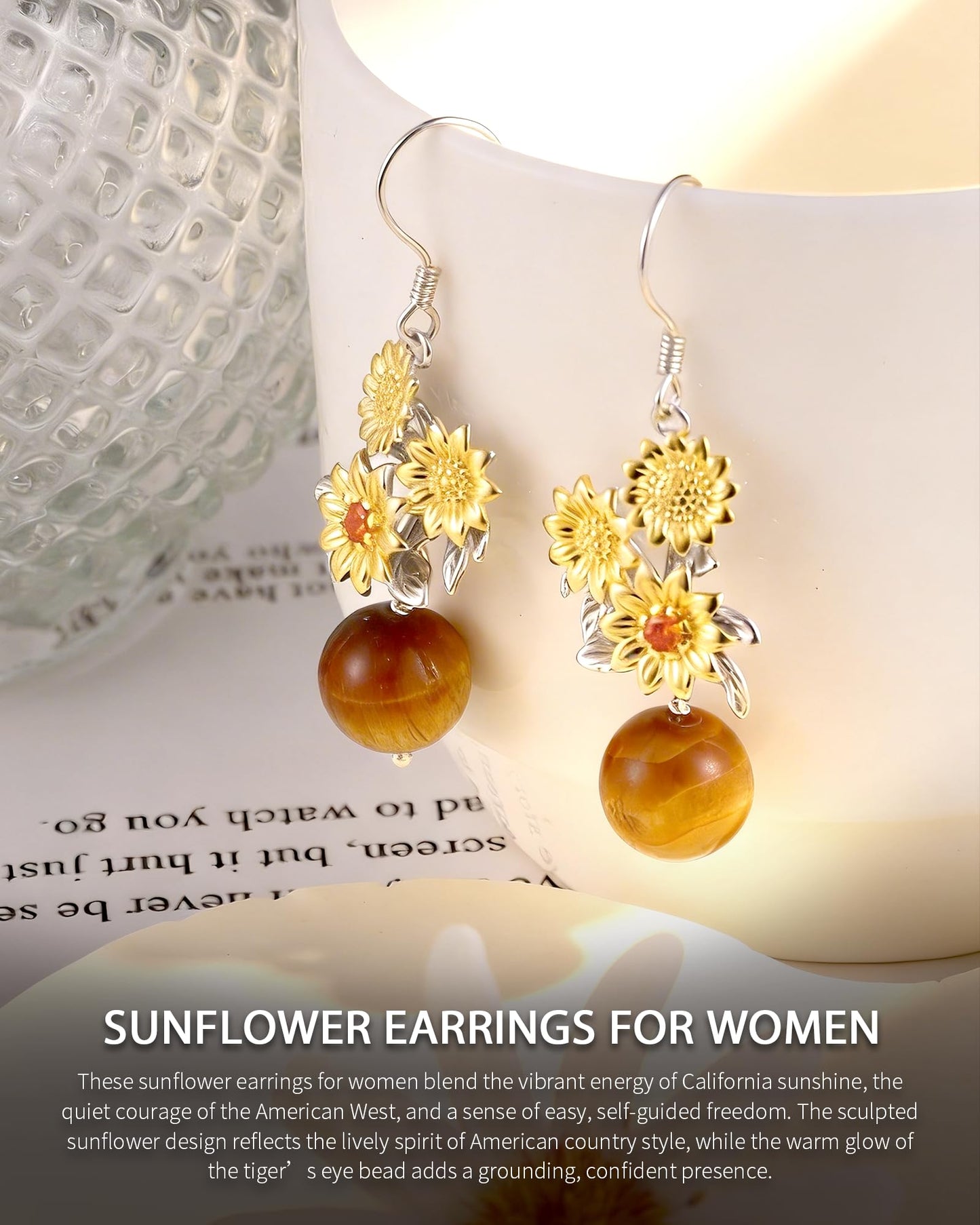 Gold Sunflower Earrings for Women - 925 Sterling Silver Dangle Earrings with Tiger’s Eye Women’s Jewelry Gift for Birthday, Valentine’s Day
