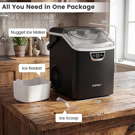 COSTWAY Nugget Ice Maker Countertop with Handle, 33 Lbs/24H Soft Chewable Ice, Ready in 6 Mins, Auto-Cleaning, Audible Ice Full Alarm, Portable Sonic Ice Machine for Home Kitchen Office, Black