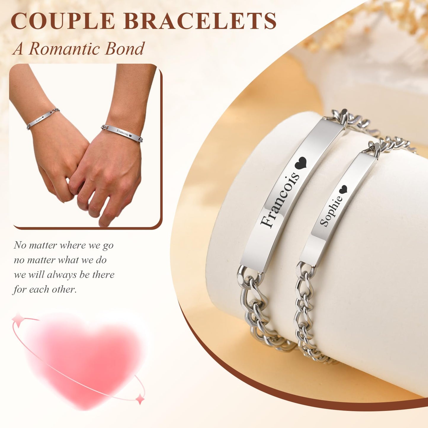 Personalized Matching Bracelet for Couple - Free Engraving Custom Couples Bracelets,Hypoallergenic Adjustable Stainless Steel Long Distance Relationship Jewelry,Promise Bracelet Gifts for Him and Her