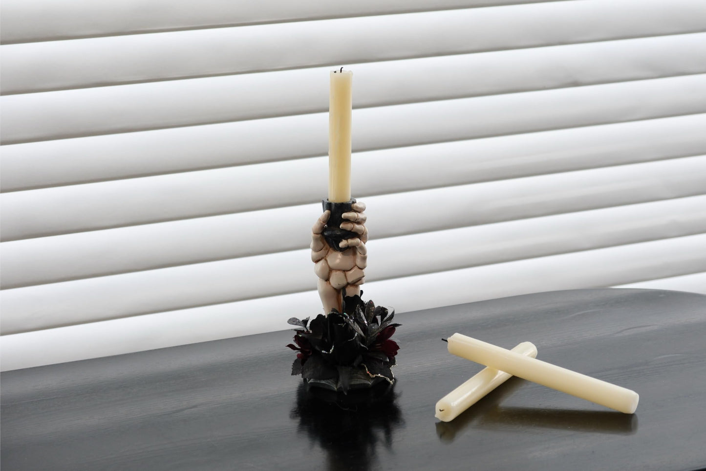 LushNook Halloween Candle Holder, Resin Skeleton Hand Candlestick with Black Faux Flower, Halloween Decor for Home Table, 7" Height"