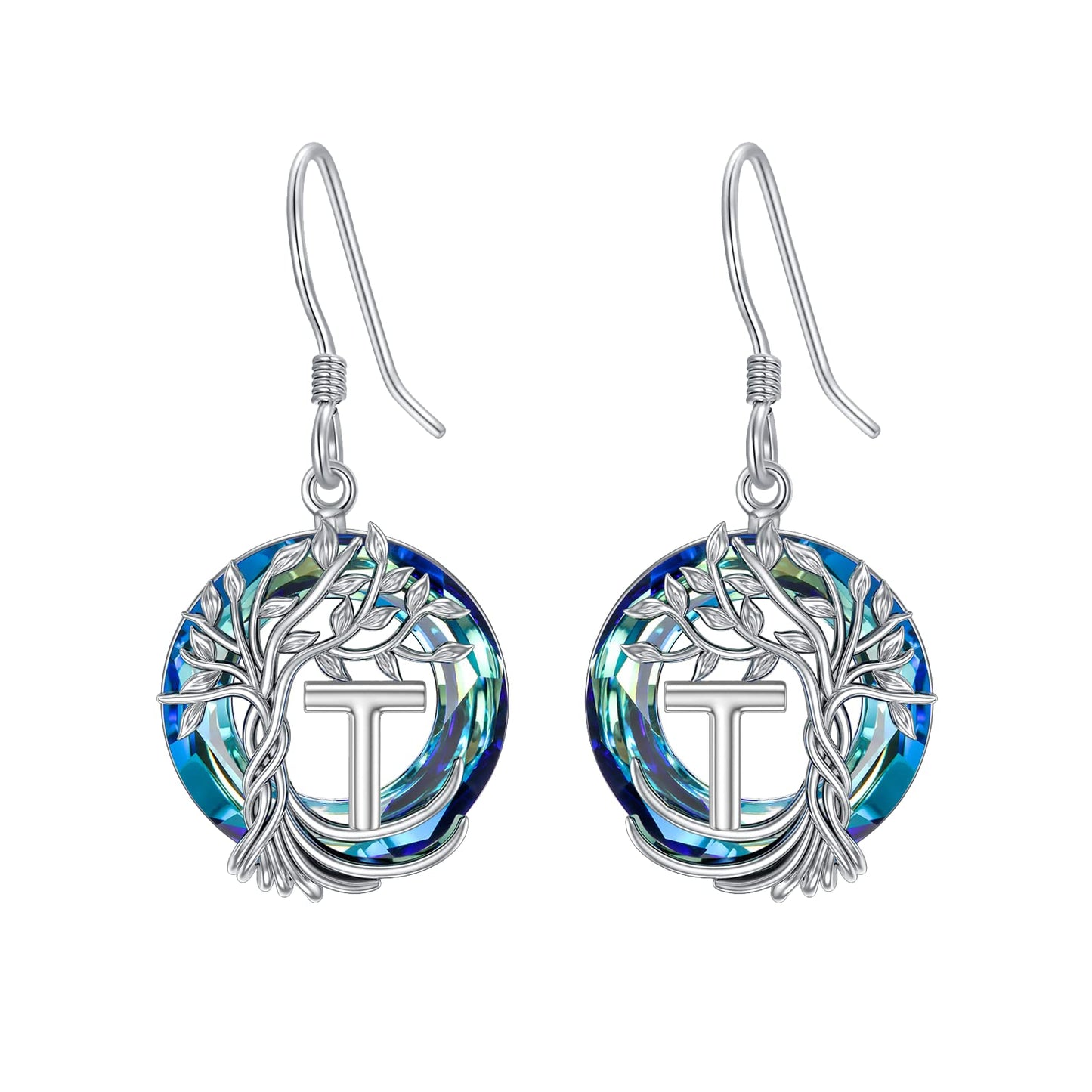 TOUPOP Tree of Life Initial Earrings Sterling Silver Initial T Letter Drop Dangle Earrings Blue Circle Crystal Family Tree Jewelry Birthday Mothers Day Gifts for Women Mom Her