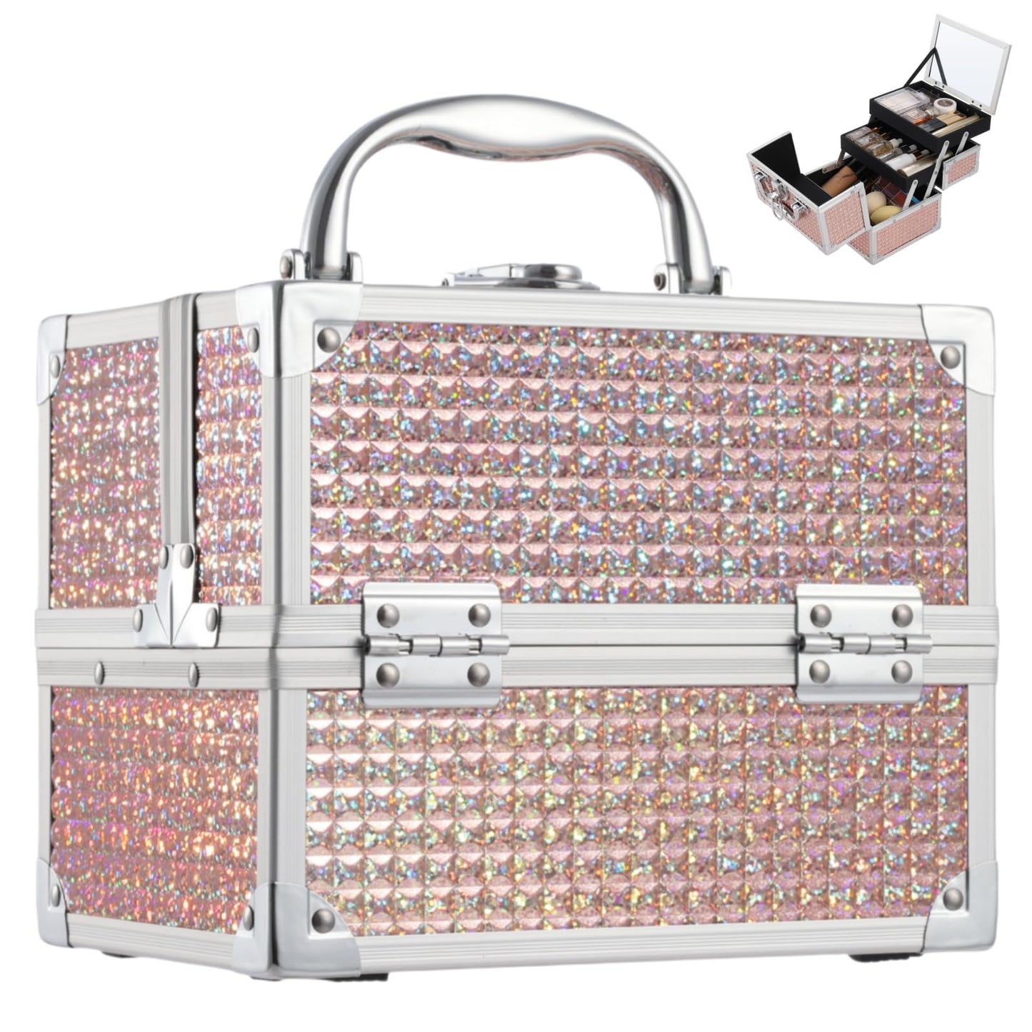 Costravio Makeup Box with Mirror, Makeup Organizer Case Train Case for Girls Women Kids Make up Box Makeup Case Organizer with Lock and Key Storage Vanity for Polishes Cosmetic Jewelry, Shiny Pink
