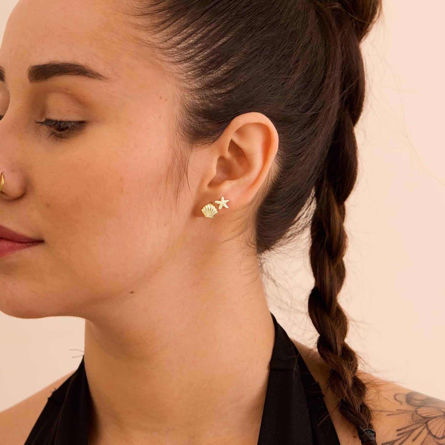 Plenky Gold Earrings for Women - 2 Pairs 14K Gold Plated Small Starfish and Shell Stud Earrings Set Beachy Jewelry for Women Gifts