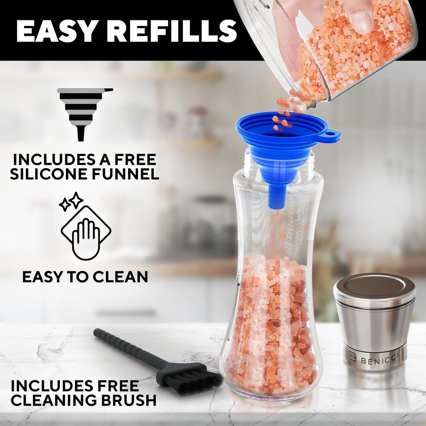 Premium Salt and Pepper Grinder Set of 2 - Two Refillable Stainless Steel Sea Salt & Spice Shakers with Adjustable Coarse Mills - Easy Clean Ceramic Grinders w/BONUS Silicone Funnel & Cleaning Brush