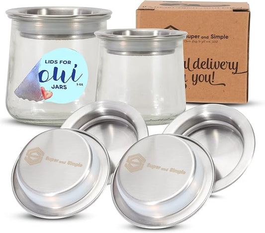 Oui Yogurt Jar Lids | Choose from Bamboo Designs, Silicone, or Metal, 4-24 pieces | Lids for Oui Jars | Oui Yogurt Lids | Yogurt Jar Covers for Regular & Petite Oui Pots - Stainless Steel 4 piece set