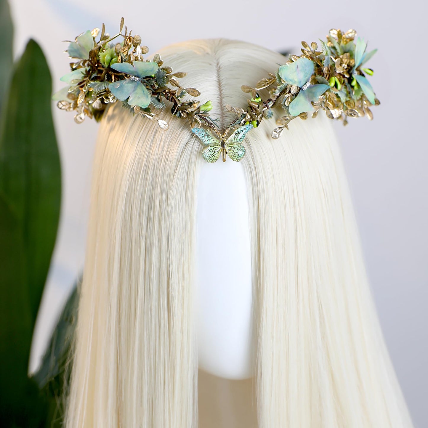 MOSTORY Butterfly Fairy Accessories Set - Green Flower Elf Crown Elf Ear Cuffs Kit for Woodland Renaissance Costume Women Forest Fantasy Fairycore Cosplay