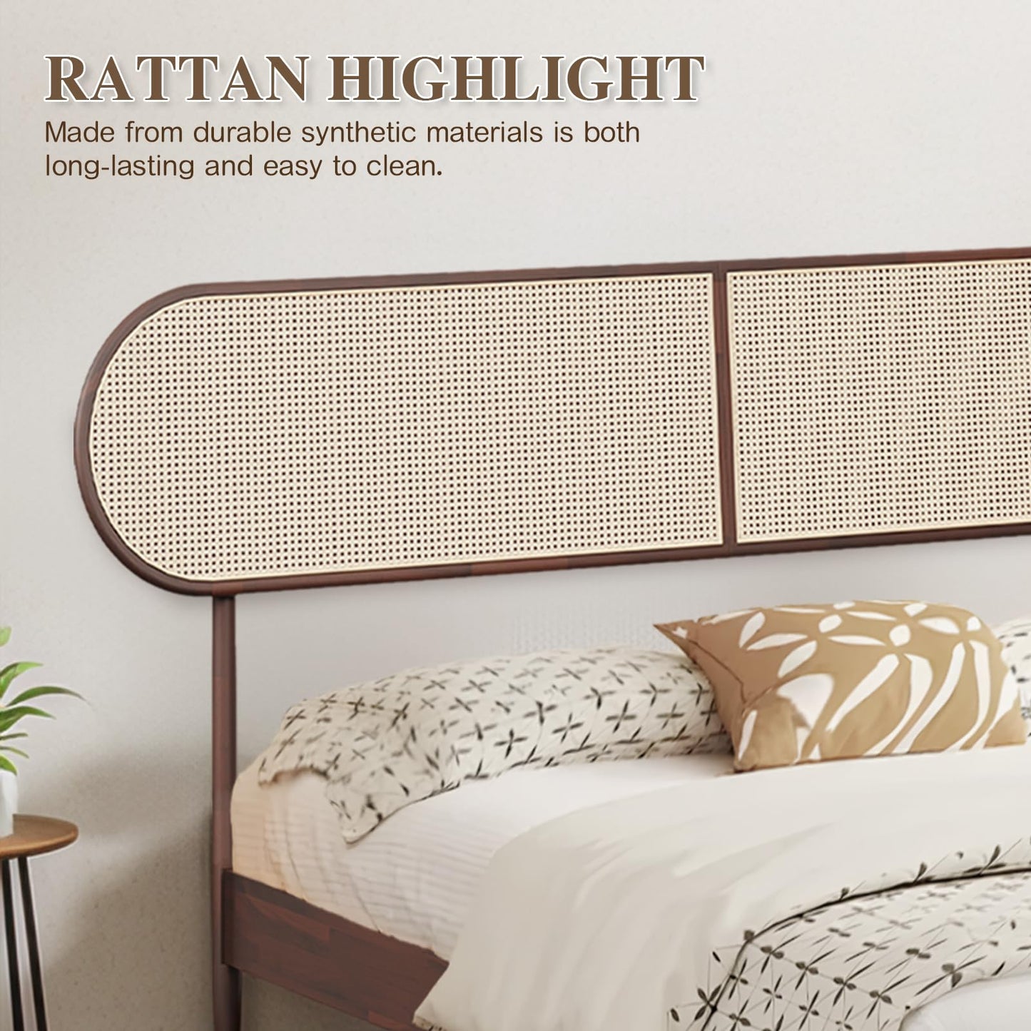 CBHME Queen Bed Frame with Rattan Headboard, Solid Wood Foundation with 12-Slat Wood Support, Bohemian and Mid Century Style, No Box Spring Needed, Dark Walnut