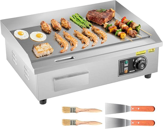 VEVOR Commercial Electric Griddle, 21 x 11.8 inch, 1750W, 122-570°F Adjustable Temp Control, Stainless Steel Countertop Flat Top Grill with 2 Spatulas, 2 Brushes and 4 Foot Pads, for Steak, Pancake