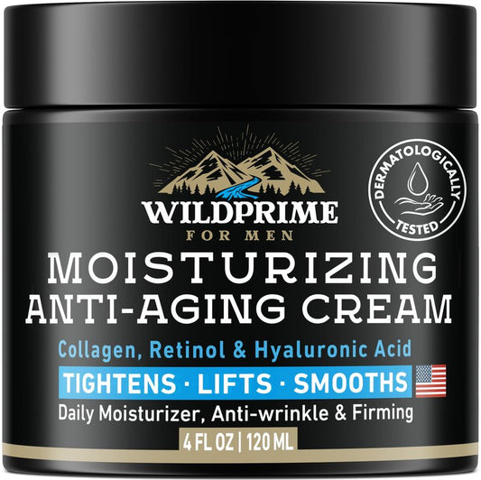 Men's Face Moisturizer Cream - Anti Aging & Wrinkle - Men's Shave Lotion - Made in USA - Collagen, Hyaluronic Acid, Vitamins E & A, Avocado Oil - Age Facial Skin Care, Day & Night Moisturizing, 4 oz