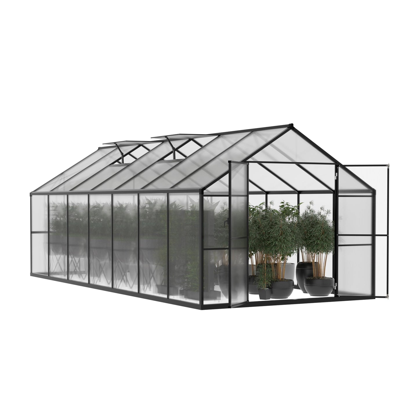 Yardenaler 8x14 FT Green House for Outdoor, Polycarbonate Aluminum Walk-in Greenhouse Kit with Lockable Door and Adjustable Roof Vents, Backyard Garden in Winter, Gray