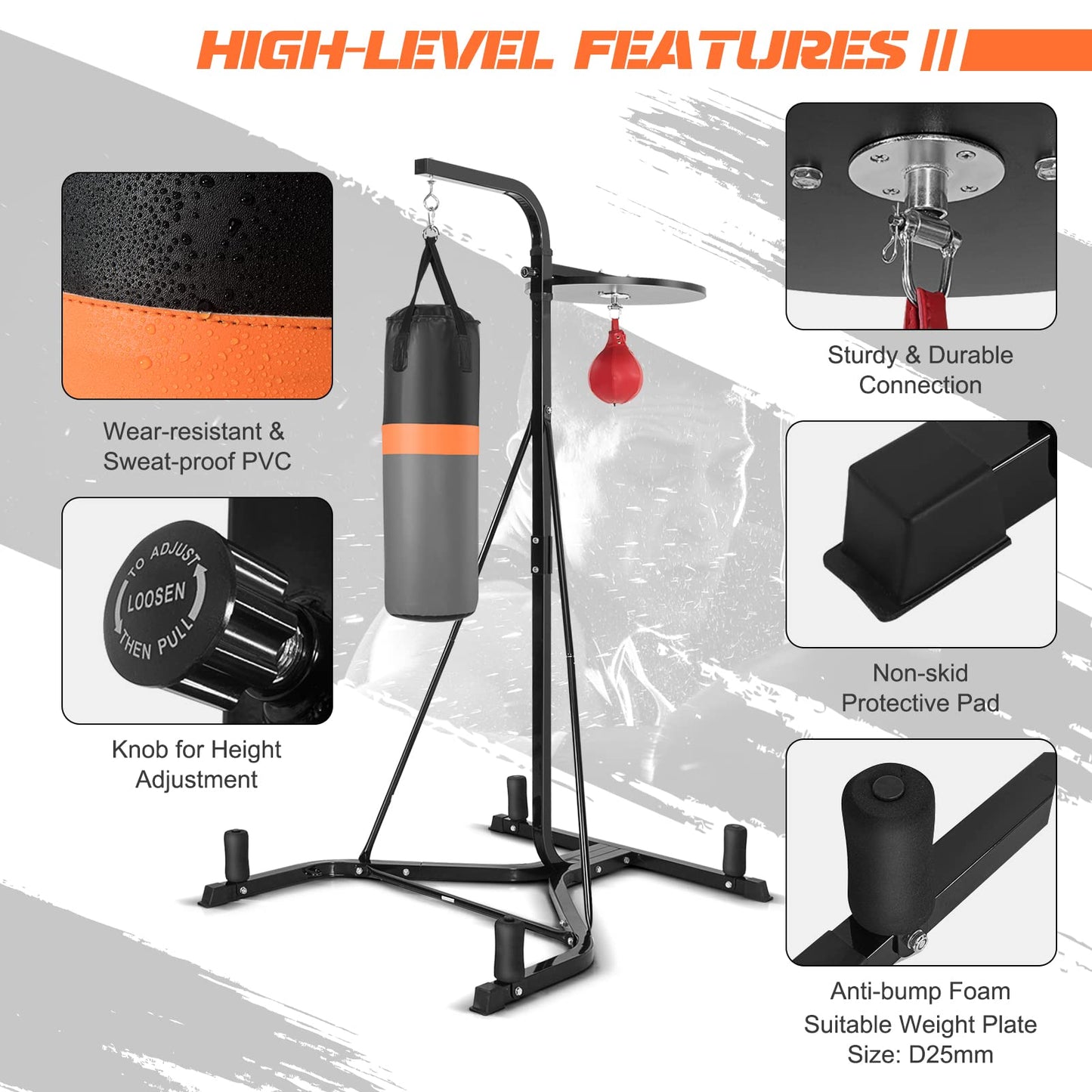SPORFIT 2-in-1 Punching Bag Stand for Adults, Heavy Bag Stand with Height Adjustable Speed Bag, Weighted Base Hold Up to 220 LBS, Freestanding Boxing Equipment for Home Gym Fitness MMA Training