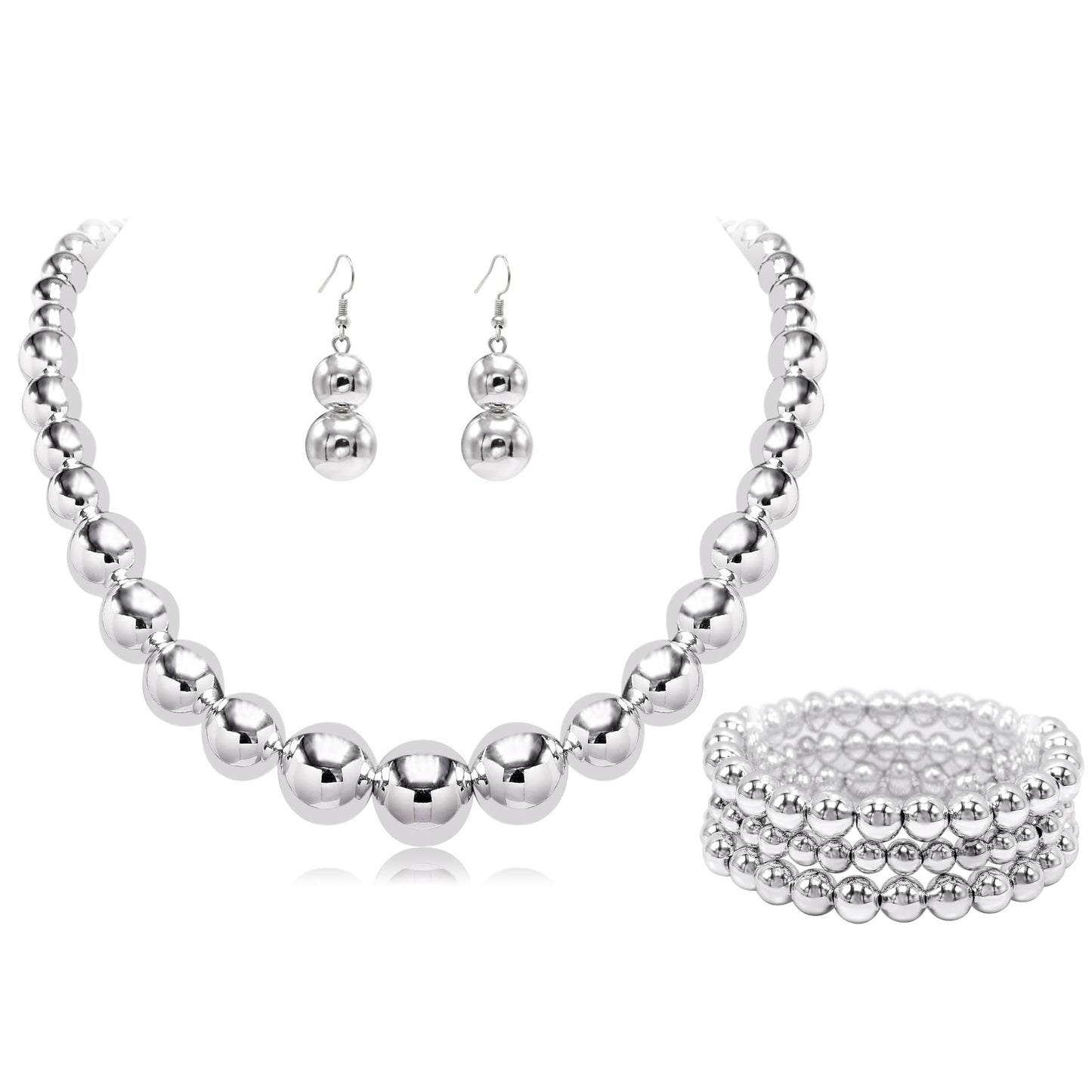 Cryshimmer Silver Bead Necklaces Earring Bracelets for Women Handmade Beaded Strand Collar Necklace Costume Jewelry Set (Silver Plated)