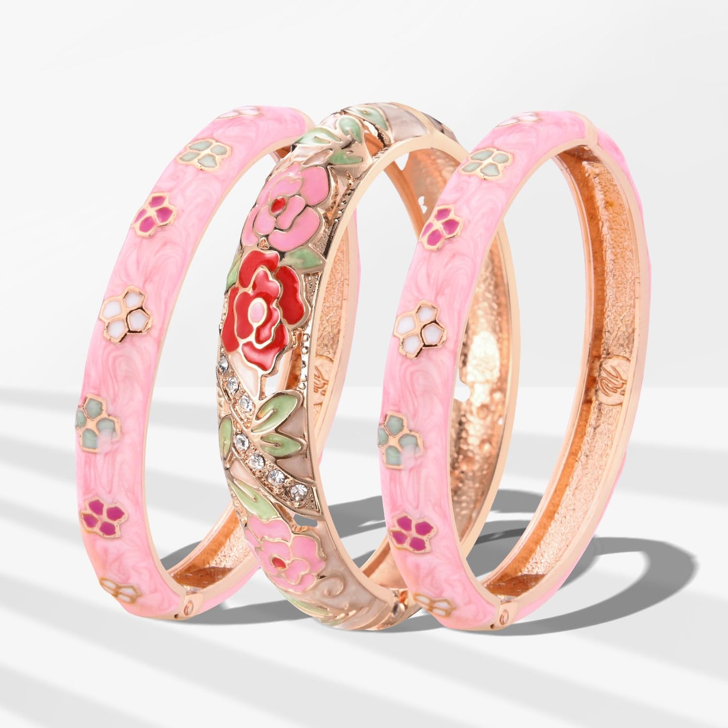 UJOY Fashion Cloisonne Bangle Jewelry Hollowed Rose Handmade Enamel Gifts Cuff Open Bracelet Bangles for Women Gilrs 88C06 Cream Pink