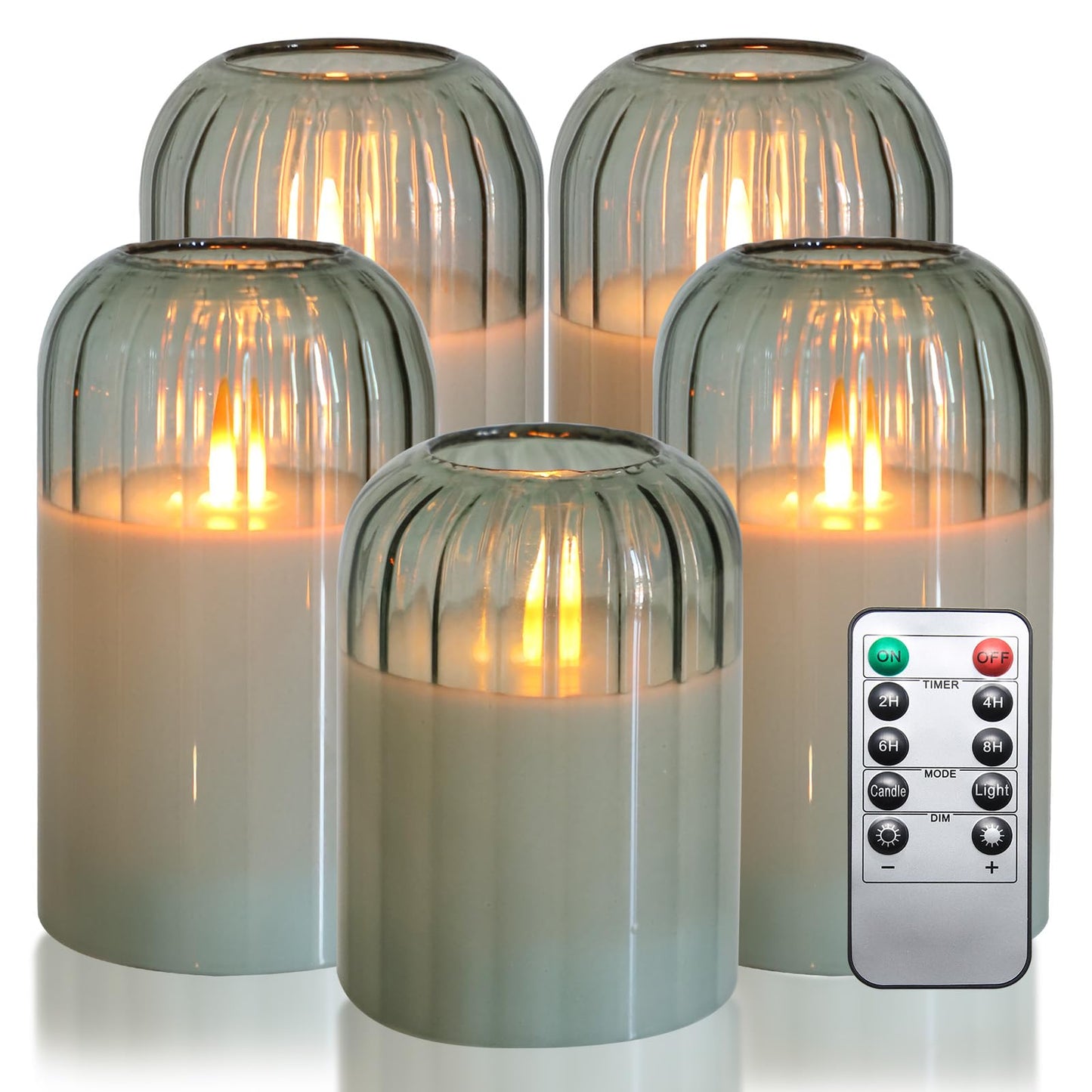 MUMCHASI Green Flameless Battery Operated Candles with Remote, Set of 5 Glass Jar LED Candles with Dancing Flame, Flickering Electric Candlelight for Home Wedding Party Decor H4”5”5”6" 6”"
