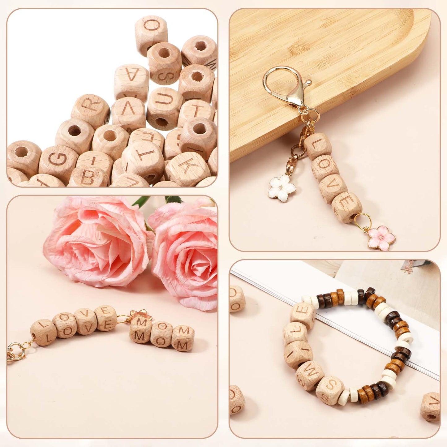 260pcs Wood Letter Beads for Bracelets 12mm Natural Square Wooden Beads A-Z Sorted Wooden Loose Letter Bead Cube Bead Bulk for Jewelry Bracelet Making