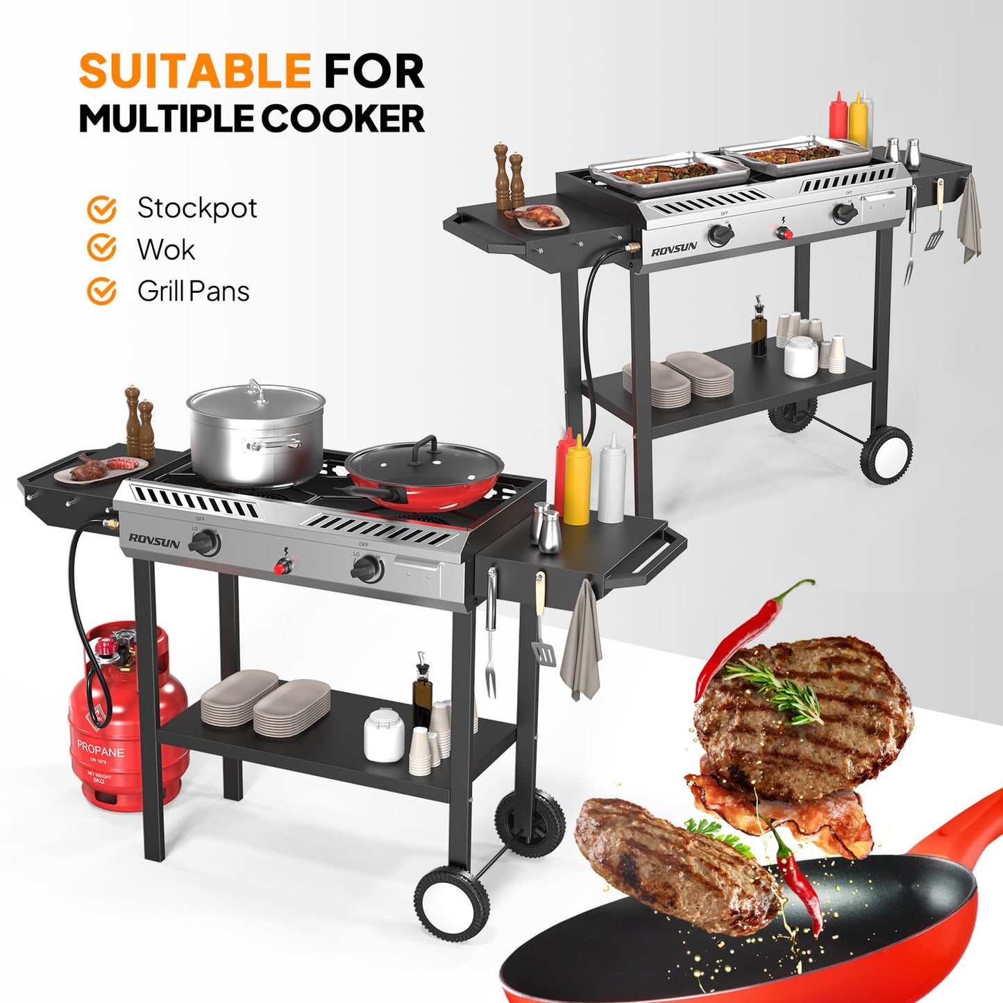 ROVSUN 2 Burner Outdoor Propane Gas Stove with Auto-ignition, Regulator & Side Shelves, 150,000 BTU Powerful Stand Cooker for Backyard Patio Cooking Home Brewing Canning Turkey Frying