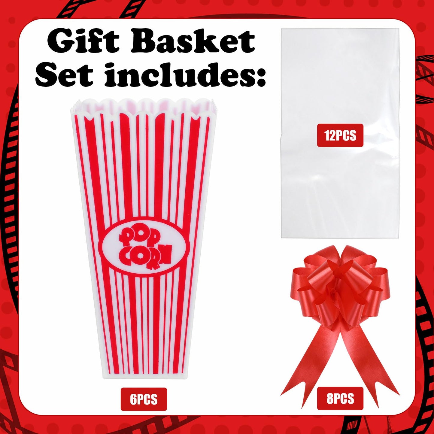 Engrowtic 6 Pack Movie Night Gifts Baskets Plastic Popcorn Box Containers with Bags and Bows for Holiday Movie Lover Wedding Birthday Party Favors DIY Kits
