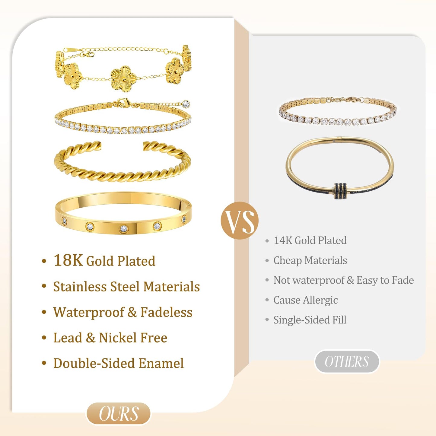 MOINSPIRE 18K Gold Plated Bracelets for Women, Stainless Steel Four Leaf Clover Tennis Nail Love Bangle Bracelets Set, Trendy Stackable Twist Cuff Bracelet Non Tarnish Jewelry Gifts for Christmas