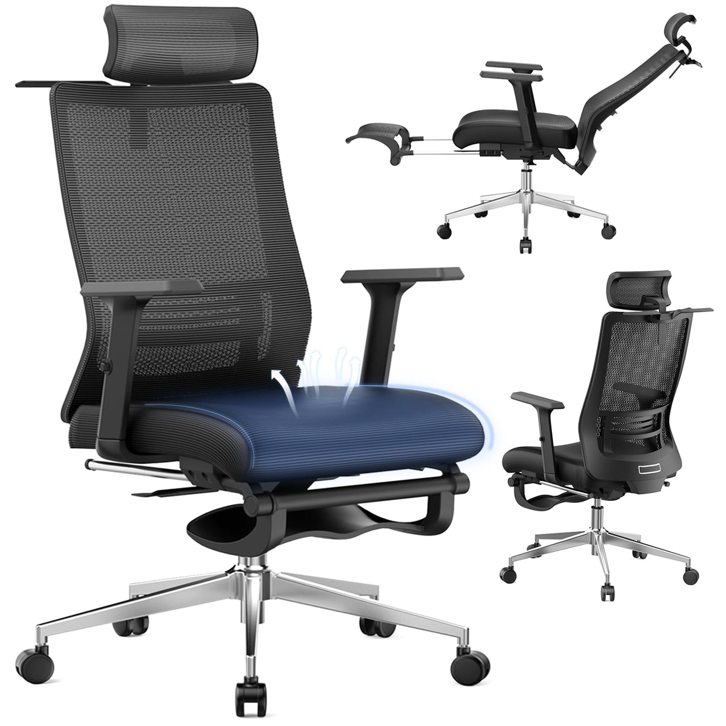 Ergonomic Office Chair, Adjustable Lumbar &Headrest, 3D Armrests, Silent Wheels, 145° Reclining Chair with Footrest, Large Steel Base, 350 LBS Swivel Desk Chair