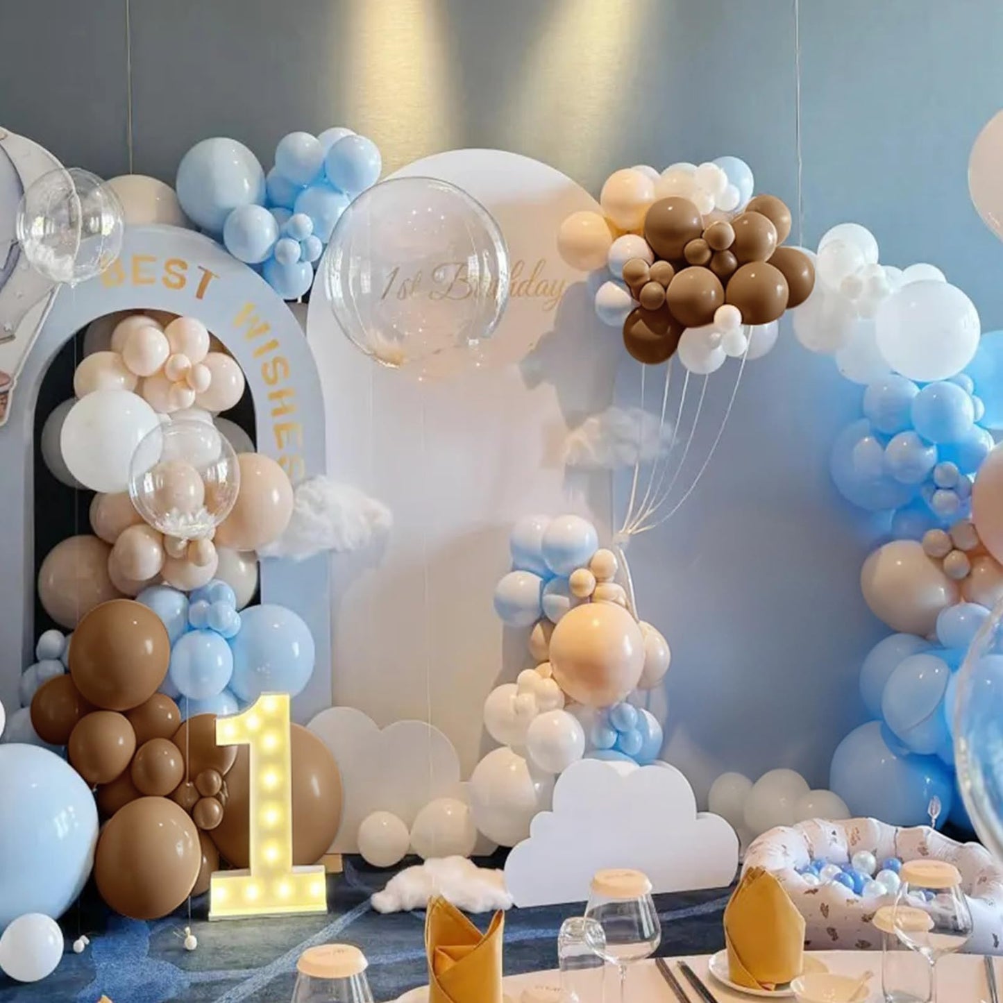MEBAY Dusty Blue Brown White Balloon Arch Kit, 166Pcs Boho Dark Brown Pastel Blue Sand White and Nude Balloons Garland for Baby Shower Gender Reveal Birthday Party Decoration