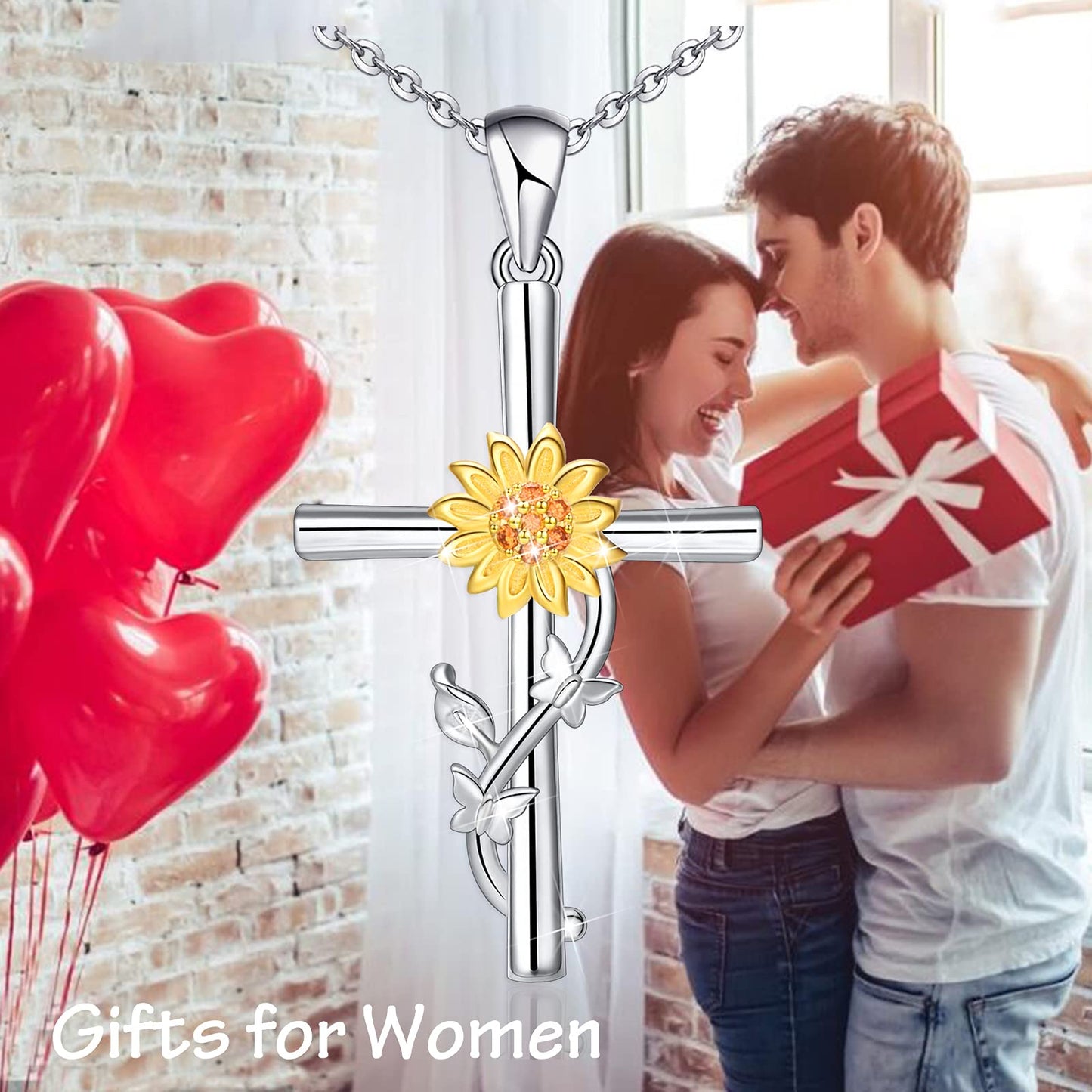 Distance Cross Necklace for Women 925 Sterling Silver Double Butterfly and Sunflower Pendant Necklace for Mom Wife Gift for Mother's Day or Birthday