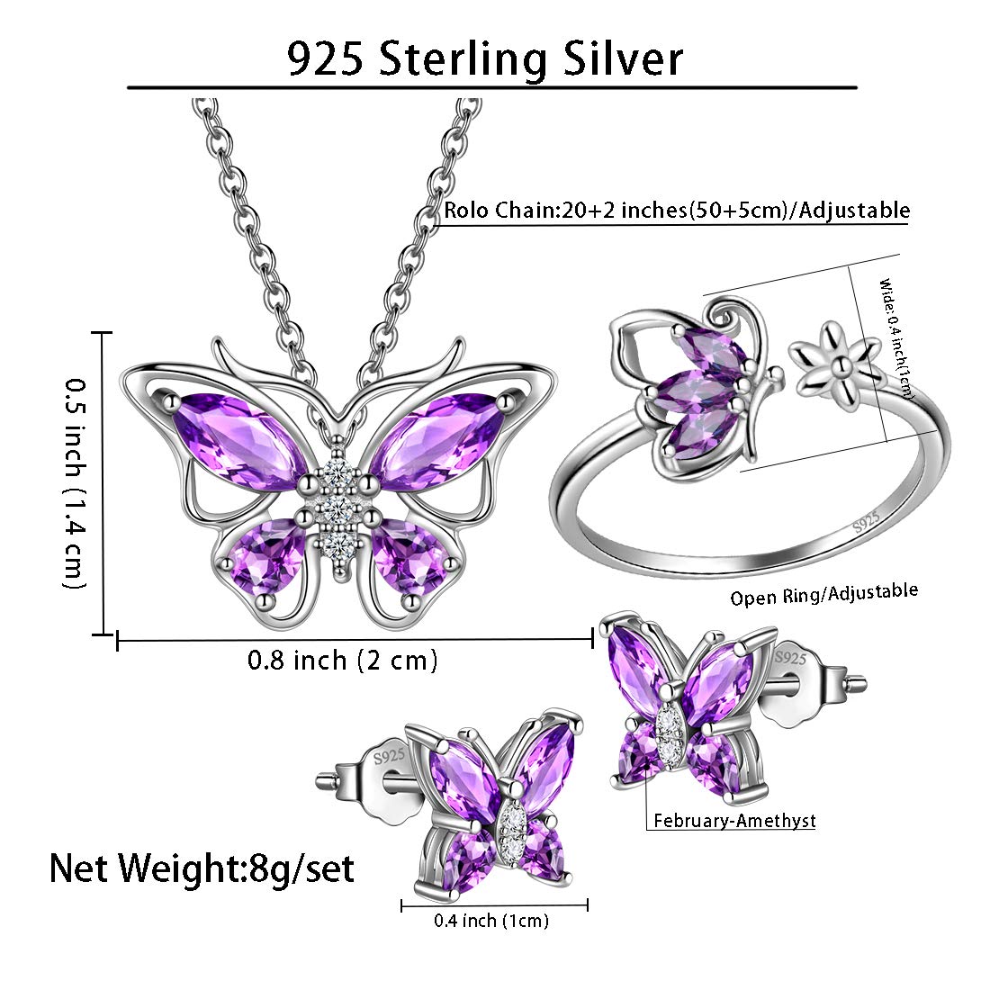Hipunk Butterfly Purple Jewelry Sets Birthstone Women 925 Sterling Silver Februsry-Amethyst Birth Stone Animal Butterflies Jewelry Sets/Earring/Ring Set Crystal Birthday Jewelry SS0002F