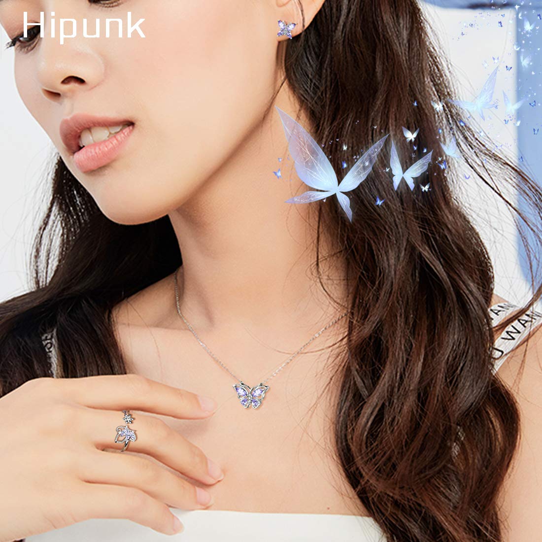 Hipunk Butterfly Blue Jewelry Sets Birthstone Women 925 Sterling Silver June-Alexandrite Birth Stone Animal Butterflies Jewelry Sets/Earring/Ring Set Crystal Birthday Jewelry SS0002U