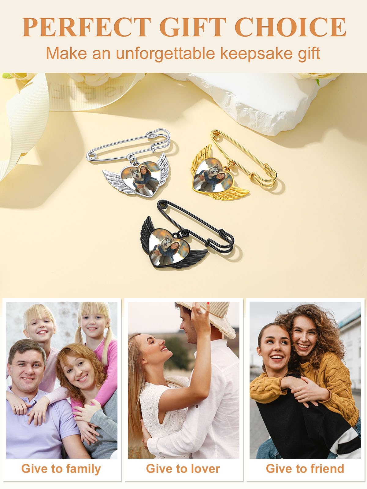Custom4U Photo Brooch for Wedding Bouquet Angel Wing Pin with Picture Personalized for Groom(With Gift Box)