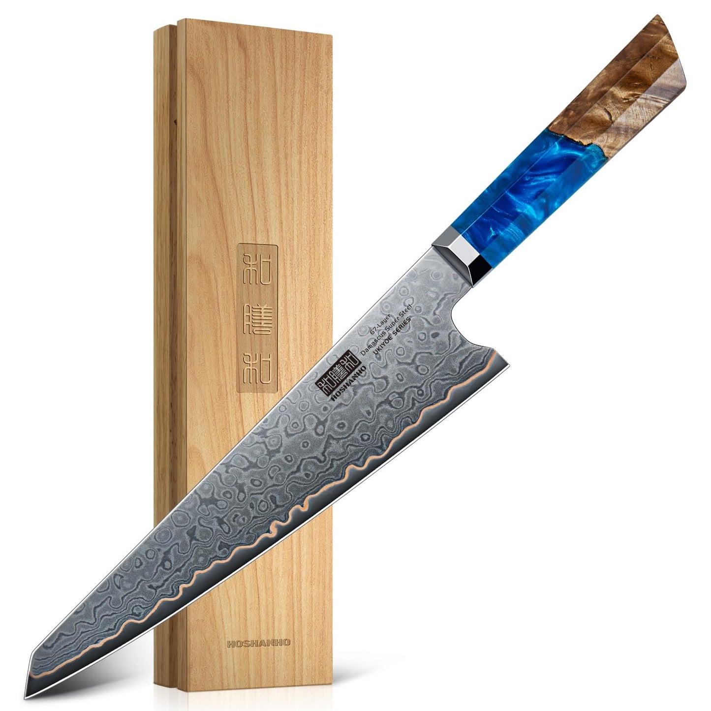 HOSHANHO Damascus Chef Knife 8 Inch, 67-Layer Damascus Super Steel Professional Kitchen Knife, Ultra Sharp Japanese Cooking Knives, Ergonomic Blue Resin Stabilized Wood Handle with Wood Gift Box